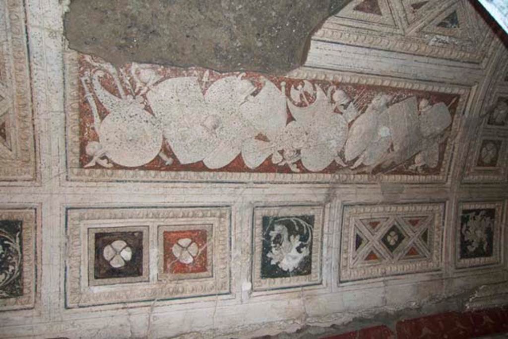 Villa dei Papiri, Herculaneum. July 2010. Room (I) on lower terrace, east side of vaulted stucco ceiling in second style.
Photo courtesy of Michael Binns.
